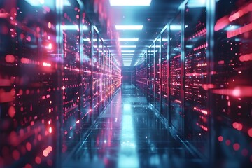 Fototapeta na wymiar Explore the futuristic data center infrastructure with hyper-realistic sci-fi style and crimson color palette showcasing the digital world of data storage and server systems with advanced technology