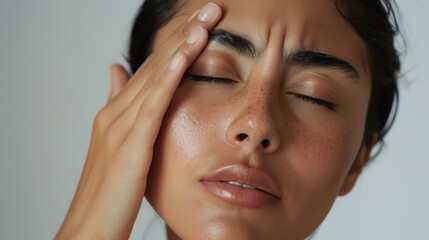 Fototapeta premium A woman with closed eyes pressing her temples with her fingertips displaying a serene and thoughtful expression.