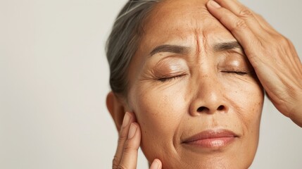 Fototapeta premium A person with closed eyes appearing relaxed or possibly experiencing a headache with a hand gently massaging their forehead.