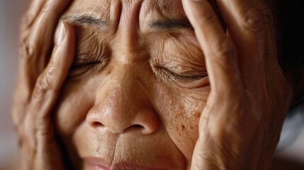 Fototapeta premium An elderly person with closed eyes resting their hands on their face conveying a sense of deep thought or concern.