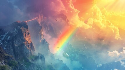 A bridge made of rainbows connecting two enchanted mountain peaks eagles soaring