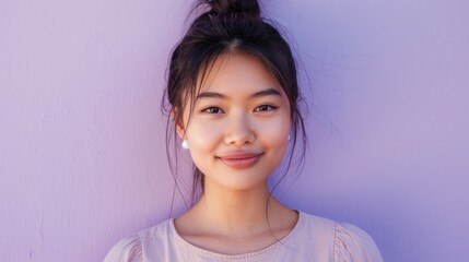 A young woman with a gentle smile wearing a light-colored top her hair neatly pulled back into a bun standing against a soft purple backdrop. - 745806179