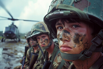 Obraz premium Soldiers Eagerly Awaiting a Helicopter Arrival