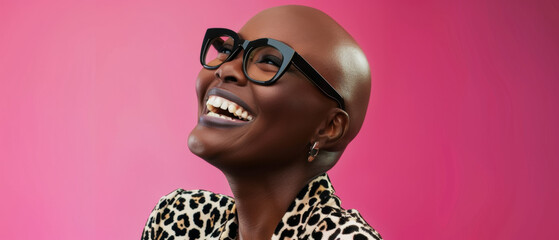 Joyous bald woman with stylish glasses on a pink background, exuding elegance in leopard print