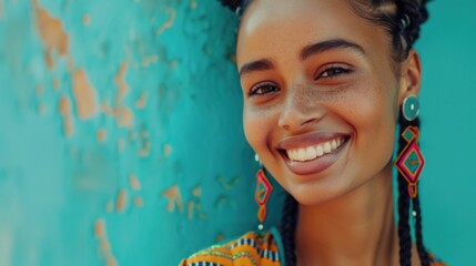 A young woman with a radiant smile wearing vibrant earrings and a colorful patterned top stands against a textured turquoise background.