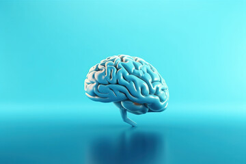 3D white glossy brain rendering isolated on blue background.