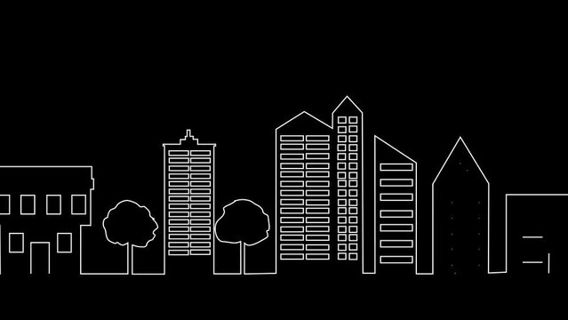 Continuous line of cityscape drawing linear building isolated on black background. Simplicity animation of city landscape 
