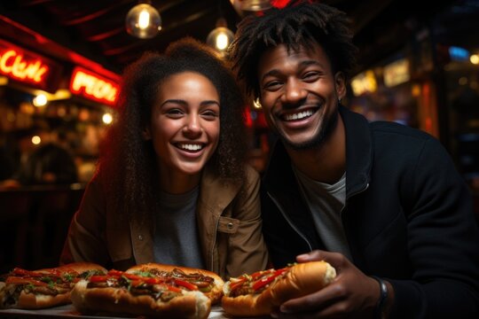 Young Woman And Man Holding Hot Dogs In Her Hands, Eating Street Food, Generative IA