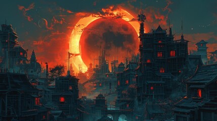 A folklore-inspired scene with ancient spirits emerging in a steampunk city during a solar eclipse
