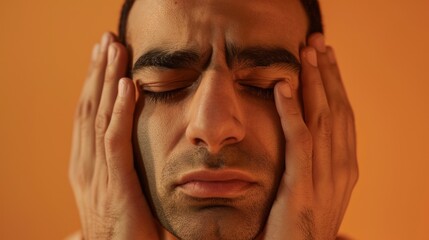 Man with closed eyes pressing hands against face showing deep concern or distress against warm orange background.