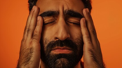 Man with closed eyes pressing hands against face showing distress or deep thought against orange background.