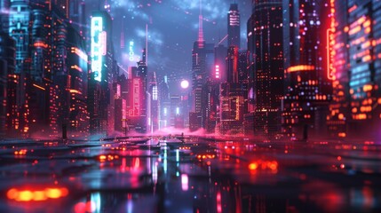 A high-tech network of blockchain and bitcoins, visualized in a neon, sci-fi landscape - obrazy, fototapety, plakaty