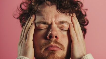 Man with curly hair closed eyes and hands on his face expressing distress or deep thought against a pink background.