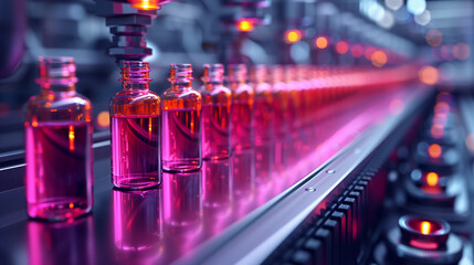 Pharmaceutical Factory Production Line: Medical Vials Being Manufactured. Generative AI.