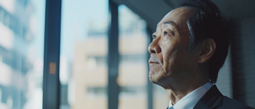 A pensive asian businessman looks out onto the city, reflecting on his career aspirations