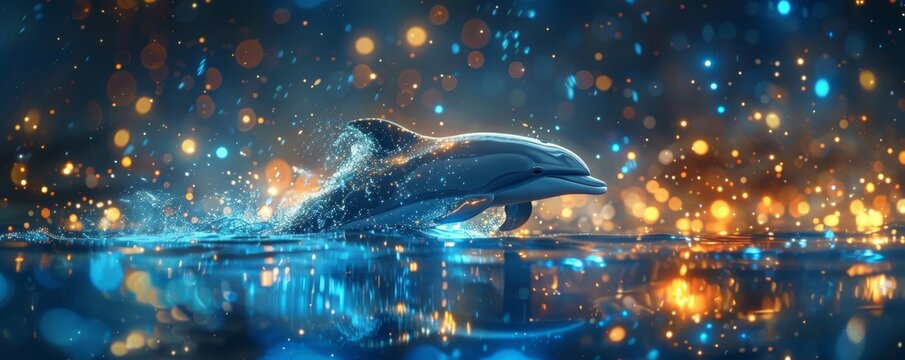 A mystical scene of a dolphin emerging from a hypnotic, kaleidoscopic sea under the guidance of a fortune teller