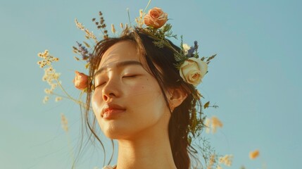 A serene portrait of a woman with closed eyes adorned with a floral crown set against a soft-focus sky backdrop evoking a sense of tranquility and natural beauty.