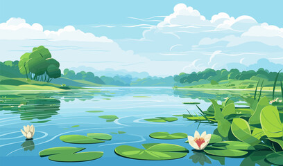Fototapeta na wymiar A serene lake with lily pads vector simple 3d isolated illustratio