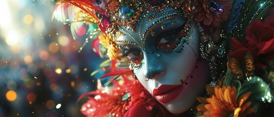 Intricate Carnival Mask with Lush Decorations - obrazy, fototapety, plakaty