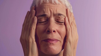 A woman with closed eyes pressing her hands against her temples expressing a sense of distress or deep thought.