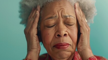 An elderly woman with white hair closed eyes and a concerned expression pressing her hands against her temples.