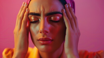 Fototapeta premium A woman with her eyes closed resting her hands on her forehead against a pink background with a hint of orange clothing conveying a sense of relaxation or contemplation.