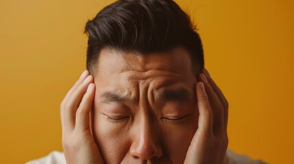 Fototapeta premium Man with dark hair closed eyes and hands on his temples expressing distress or deep thought against a yellow background.