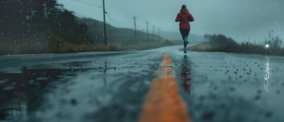 A lone runner perseveres along a rainy road, embodying dedication in inclement weather
