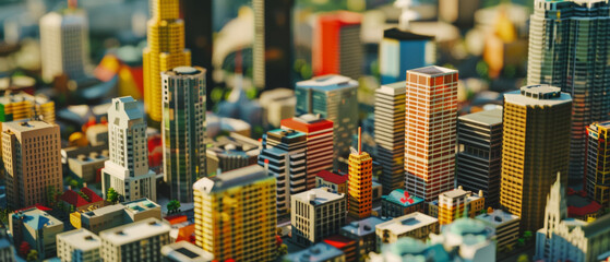 Obraz premium A tilt-shift miniature cityscape basks in the warmth of a sunset, a marvel in urban modeling