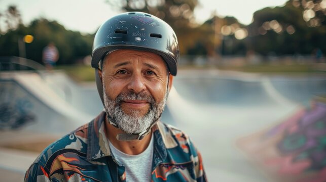 An older man with a gray beard and mustache wearing a colorful patterned shirt and a black helmet with a blue and white design smiling at the camera standing in a skate park