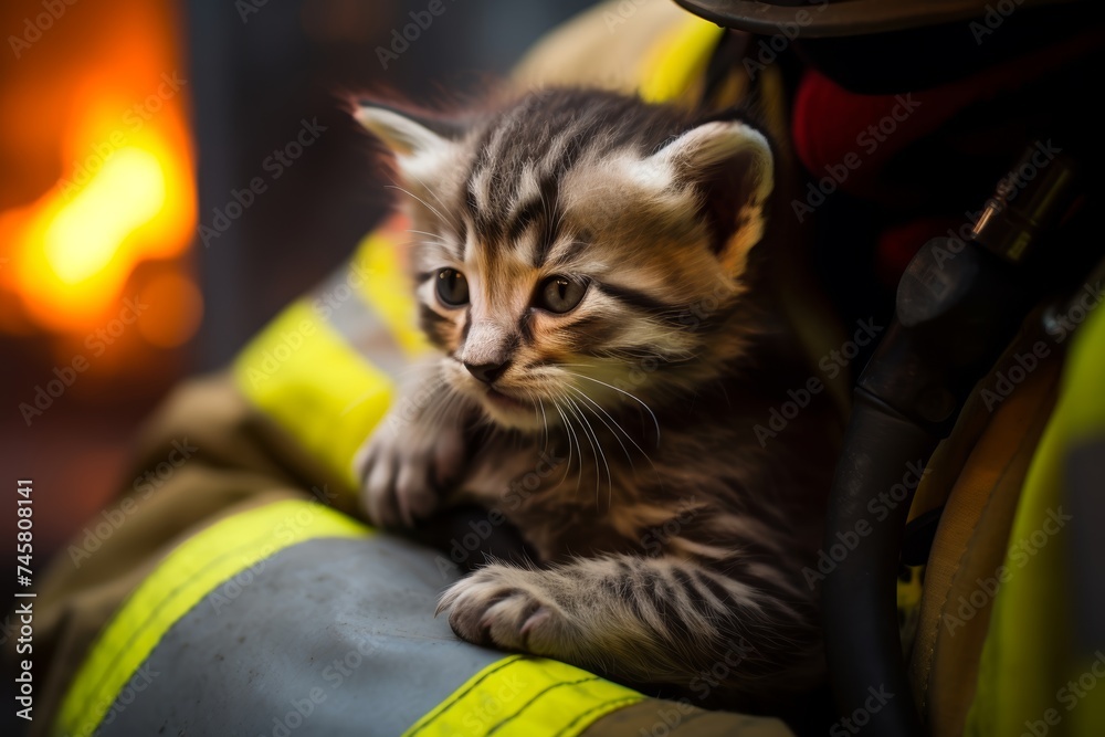 Wall mural 
A rescued kitten, embraced by a firefighter in a moment of compassion, the close-up photo highlighting the firefighter's empathy and the kitten's relief as they find safety from the flames together