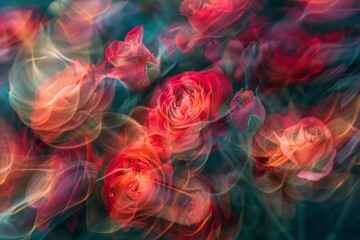 Spectral light illuminates transparent red colored red roses abstract flower