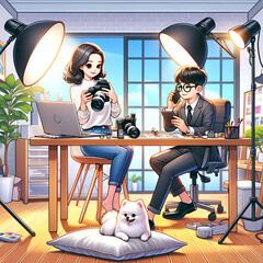 Work from home office working couple illustration