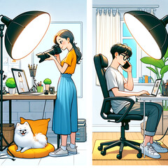 Work from home office working couple illustration