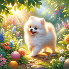 Illustration of a cute Pomeranian walking in a flower garden