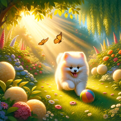 Illustration of a cute Pomeranian walking in a flower garden