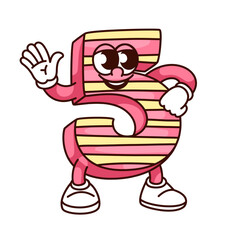 Groovy number 5 cartoon character greeting with five fingers. Funny retro number with pink and yellow stripes waving to say Hello, digit mascot, cartoon sticker of 70s 80s style vector illustration