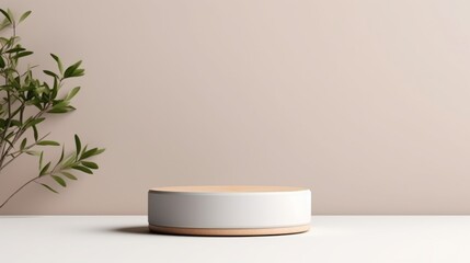 Minimalistic Horizontal round White Podium for branding, promotion, presentation of Cosmetics, product on a pastel beige background with Leaves. Stage, Mockup, Pedestal, Banner with copy space.