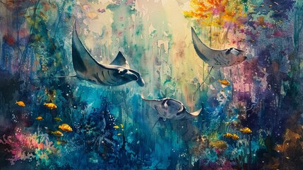 A watercolor masterpiece of a jungle oasis, where manta rays swim in a spectrum of colors during the monsoon season