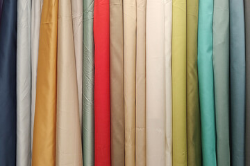 Sample of dress textile various colors catalog and swatch of fabric. Collection of multicolored cloth.	