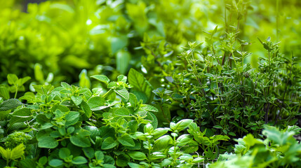 Fresh organic green herbs - detail view from summer garden