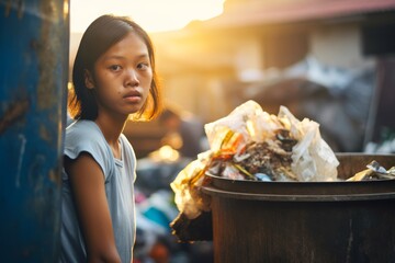 Poor Asian homeless girl with squint sits near the garbage to find something for herself - obrazy, fototapety, plakaty