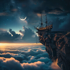 ship stuck on the edge of rock cliff in the night sky