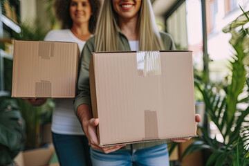 Joyful Beginnings: A Happy Couple with Cardboard Boxes on Moving Day