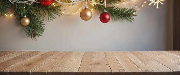 Empty wooden table with Christmas decorations