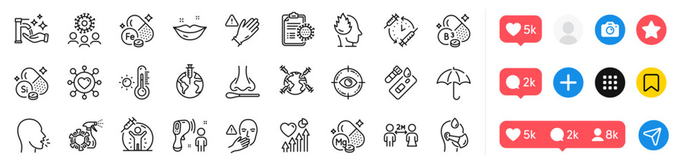Coronavirus, Sick man and Dont touch line icons pack. For web app. Social media icons. Vector