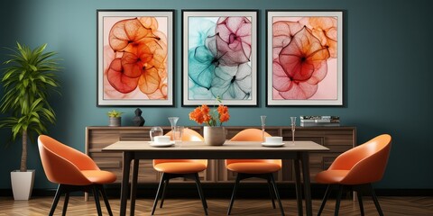 A modern dining room, colorful, minimalist, wall art mock - up.