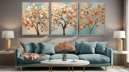 A modern living room, colorful, minimalist, wall art mock - up