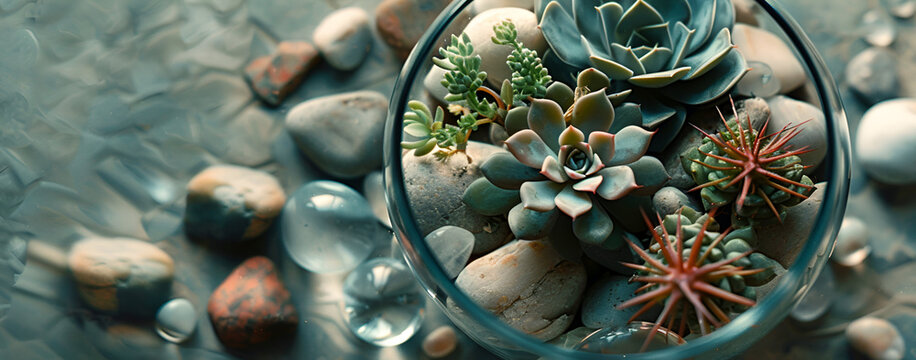 View top glass florarium terrarium with succulents, moss, cactus on a light gray background. Space for the text on the left.