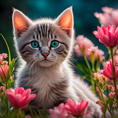 Gray tabby kitten surrounded by wildflowers